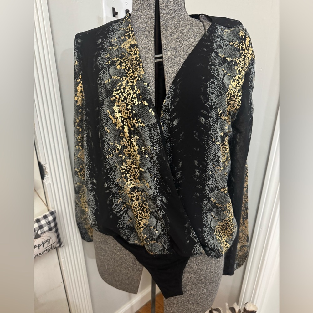 Women’s Buddy Love Gold & Black Snakeskin Print Bodysuit size Large